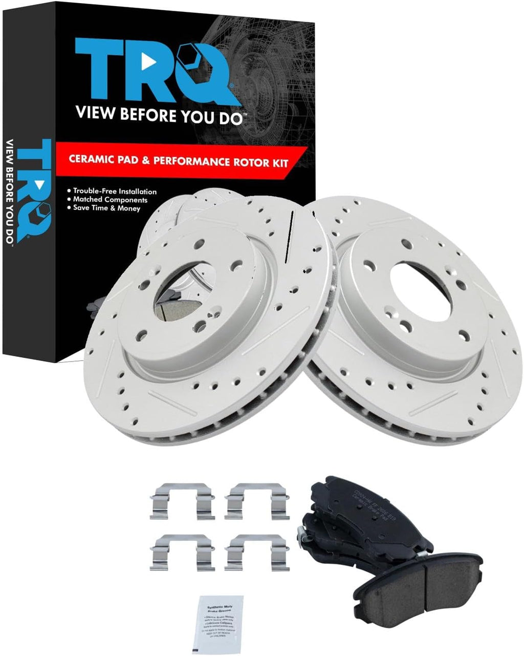 TRQ Performance Front Brake Pad and Rotor Set Ceramic Drilled Slotted G Coated Vented Rotors Compatible with 2007-2010 Hyundai Elantra