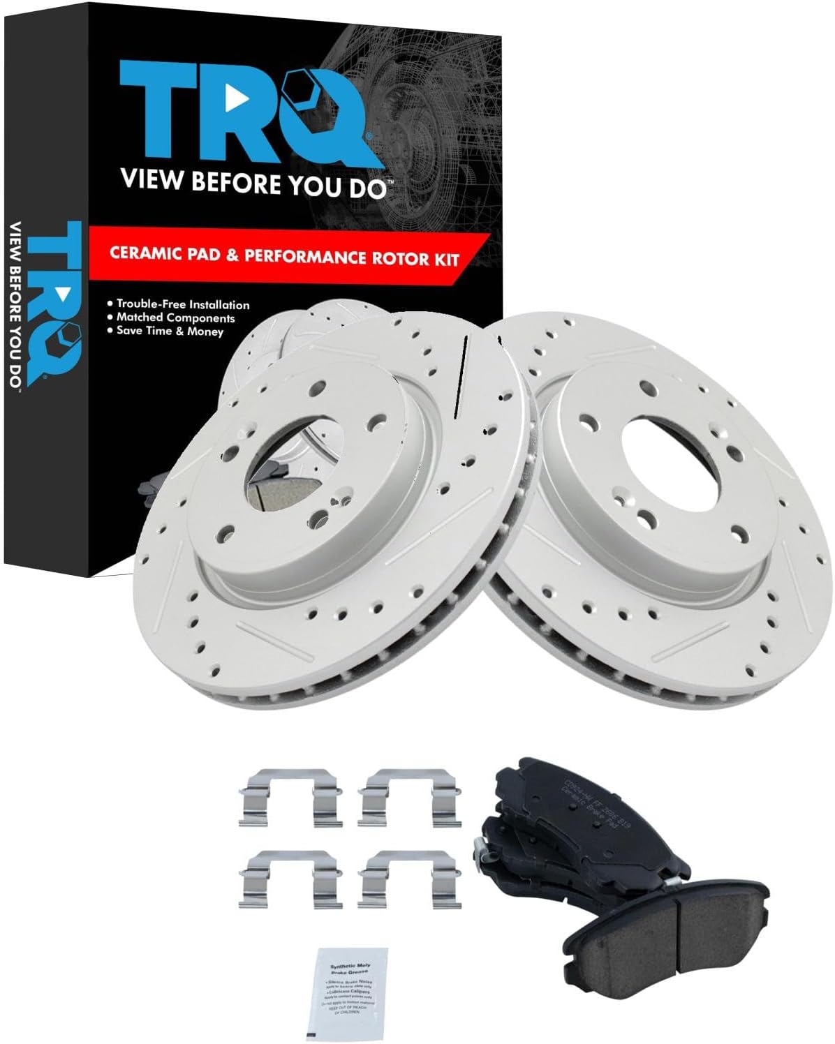 TRQ Performance Front Brake Pad and Rotor Set Ceramic Drilled Slotted G Coated Vented Rotors Compatible with 2007-2010 Hyundai Elantra