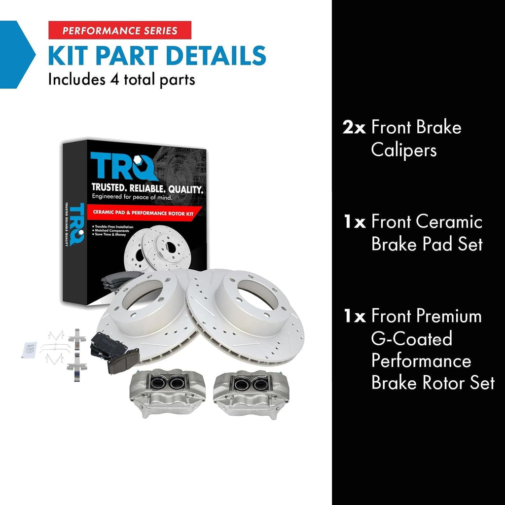 TRQ Performance Front Brake Pad and Rotor Set Ceramic Vented Coated Drilled Slotted Rotors Calipers Compatible with 2001-2002 Toyota 4Runner