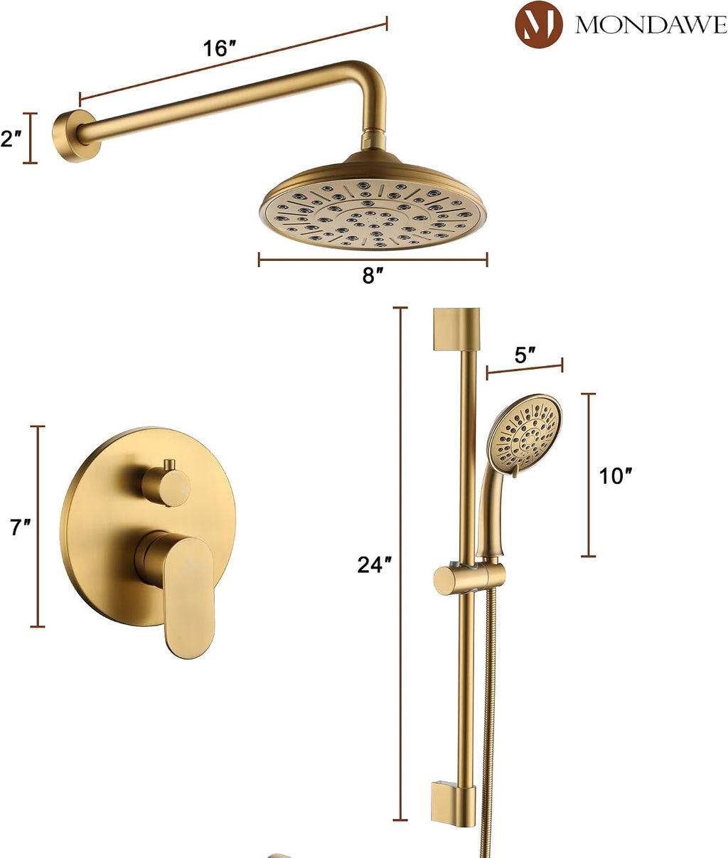 MONDAWE 8 Inch Wall Mounted Shower Faucet Set in Brushed Gold, Rainfall Shower Head with 3-Setting Handheld Spray Shower Set Combo, High Pressure Shower System with Solid Brass Valve