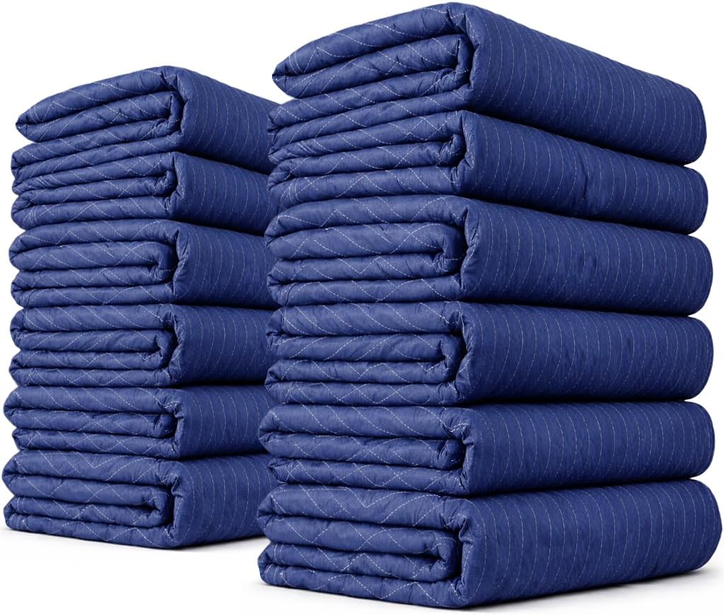 US Cargo Control Moving Blankets Heavy Duty 72'x80' 12-Pack (43 lbs/doz), Packing Blankets for Moving Furniture, Shipping, and Storage, Lightweight Quilted Furniture Pads, Tough Blue Polyester