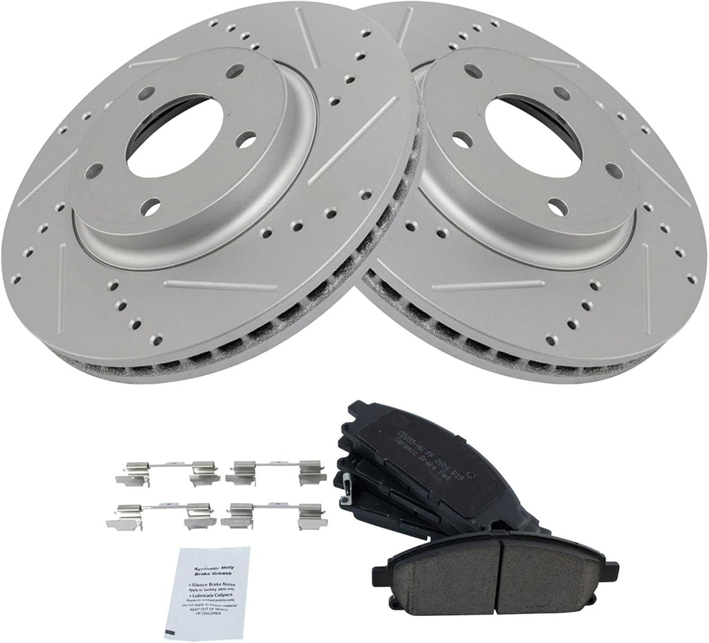 TRQ Performance Front Brake Pad and Rotor Set Ceramic Coated Drilled Slotted Vented Rotors Compatible with 2004-2009 Nissan Quest