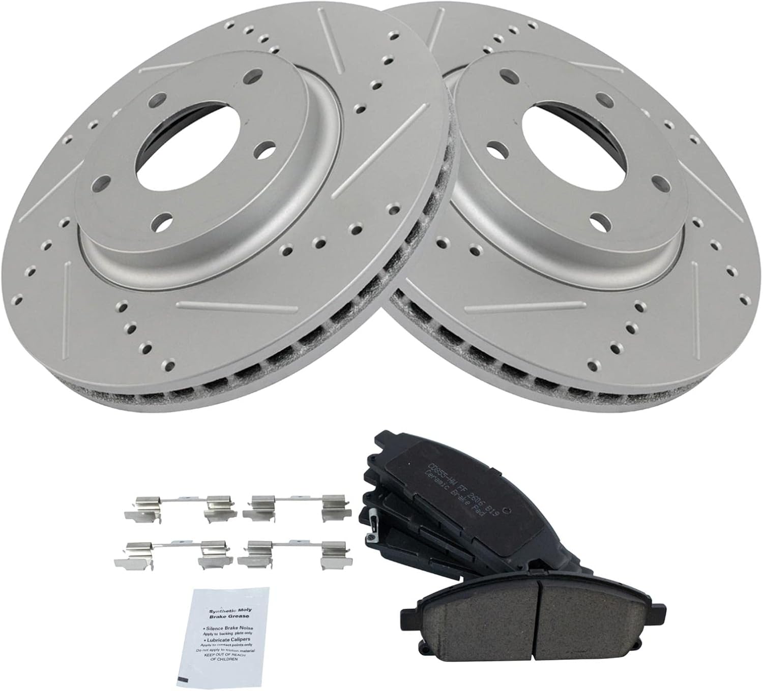 TRQ Performance Front Brake Pad and Rotor Set Ceramic Coated Drilled Slotted Vented Rotors Compatible with 2004-2009 Nissan Quest