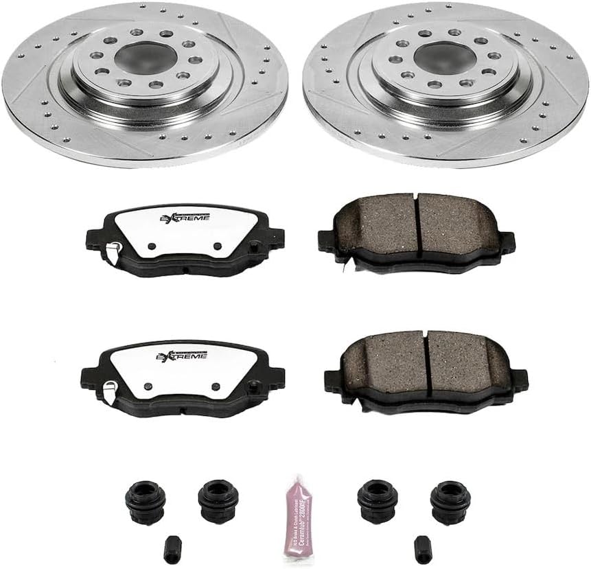 PowerStop Rear Brake Kit For Jeep Cherokee 2014-23 - Truck & Tow Carbon Fiber Ceramic Brake Pads + Drilled & Slotted Rotors Upgrade, K6542-36