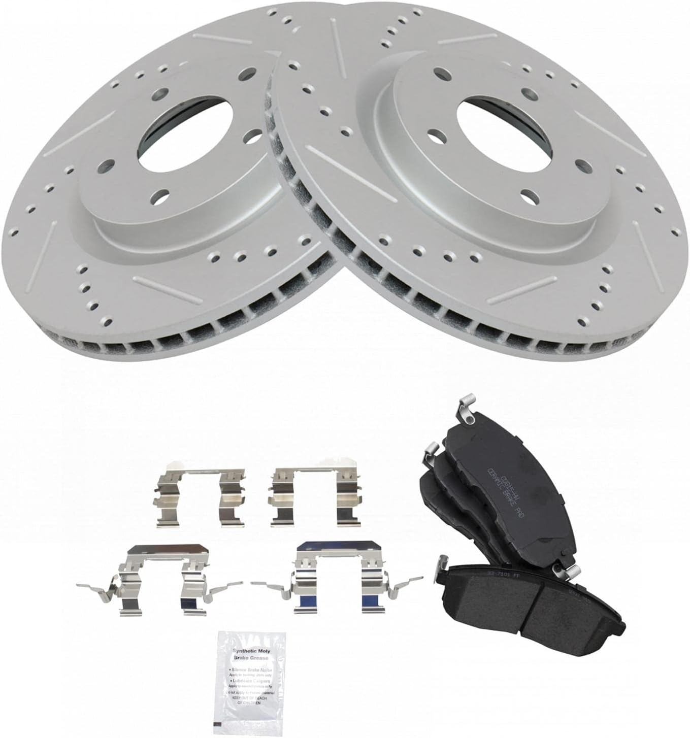 TRQ Performance Front Brake Pad and Rotor Set Ceramic G Coated Drilled Slotted Rotors Compatible with 2007-2012 Nissan Sentra