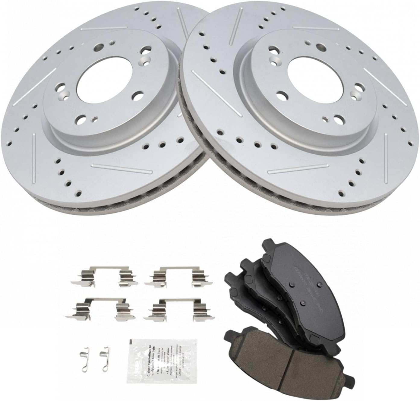 TRQ Performance Front Brake Pad and Rotor Set Ceramic Coated Drilled Slotted Compatible with 2017 Jeep Compass Patriot