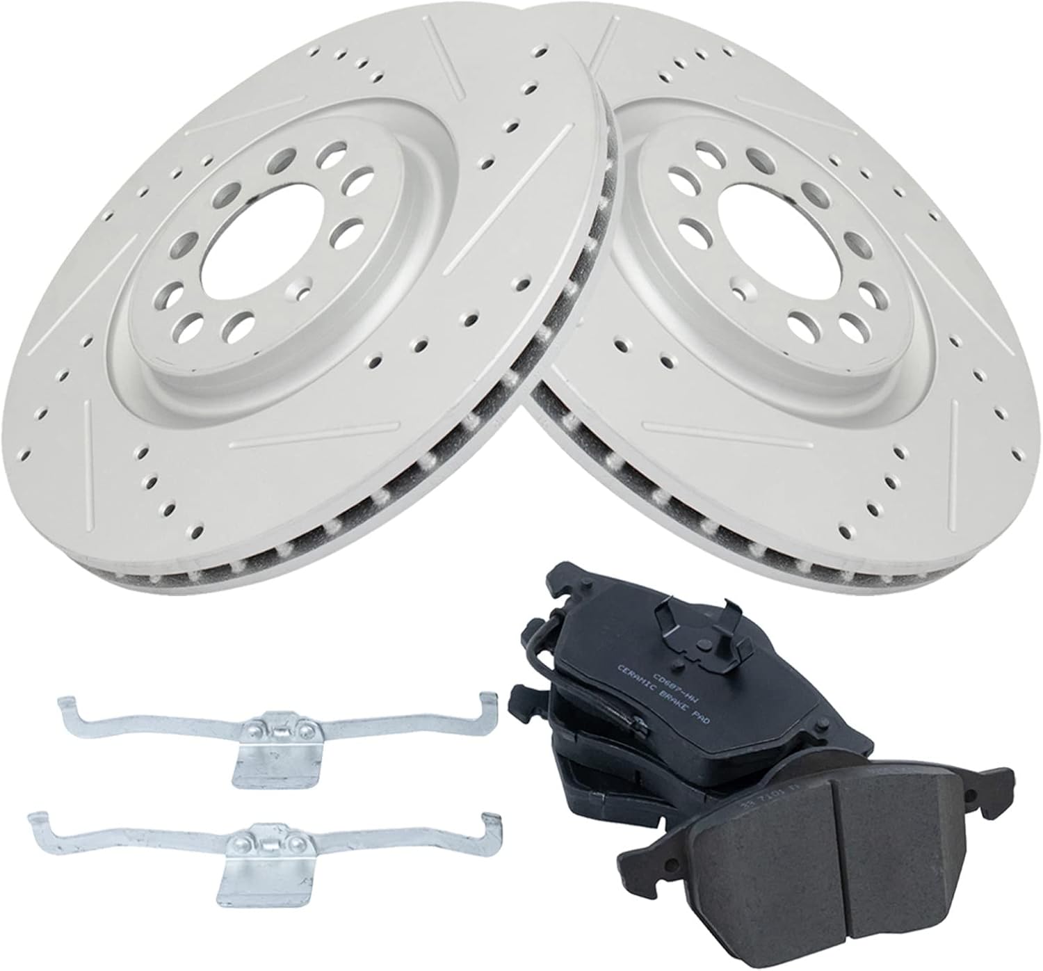 TRQ Performance Front Brake Pad and Rotor Set Ceramic Slotted Drilled G-Coated Compatible with 2000-2006 Audi TT 2000-2006 TT Quattro 2002-2003 Volkswagen Golf