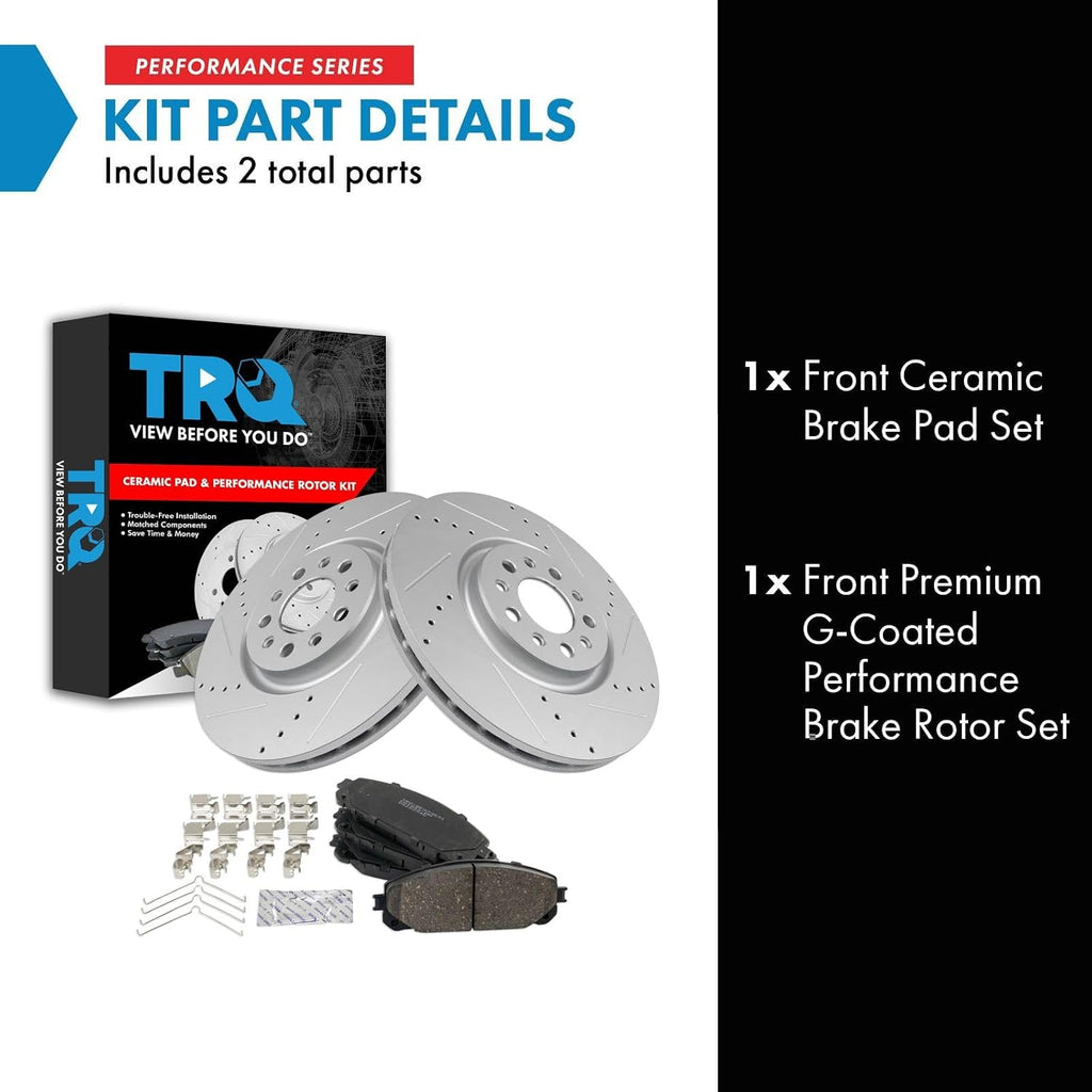 TRQ Performance Front Brake Pad and Rotor Set Ceramic G Coated Drilled Slotted Rotors Compatible with 2016-2021 Jeep Cherokee