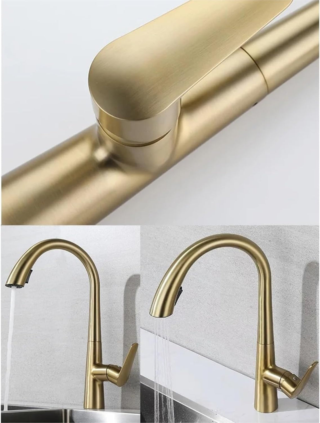 Kitchen Faucet Pull Out Tap Household Sink Washbasin Cold and Hot Water Mixer(Brush Gold)