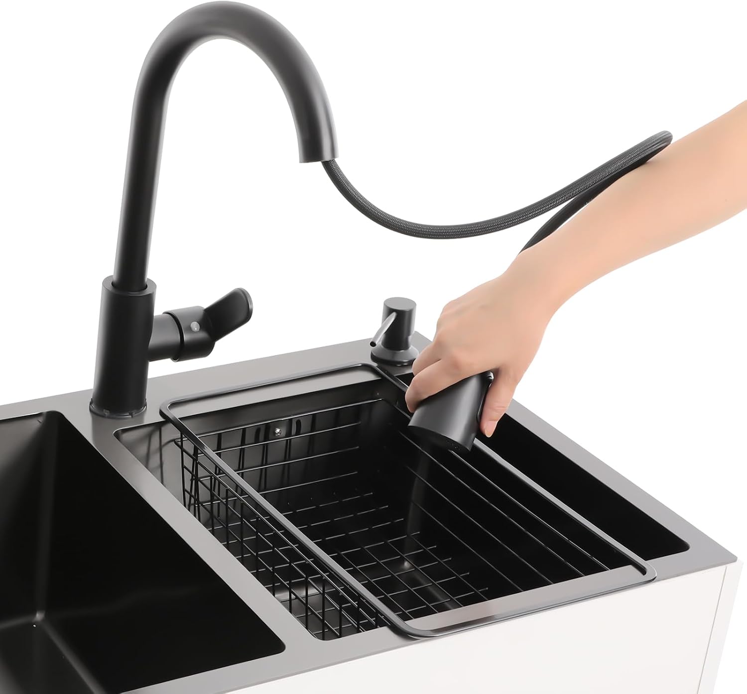 32-Inch Utility Sink Cabinet with Pull-Out Sprayer Fauce, Laundry Sink with Cabinets and Stainless Steel Double Sinks, Freestanding Cabinet with Sink for Laundry&Utility Room, Kitchen, Bathroom