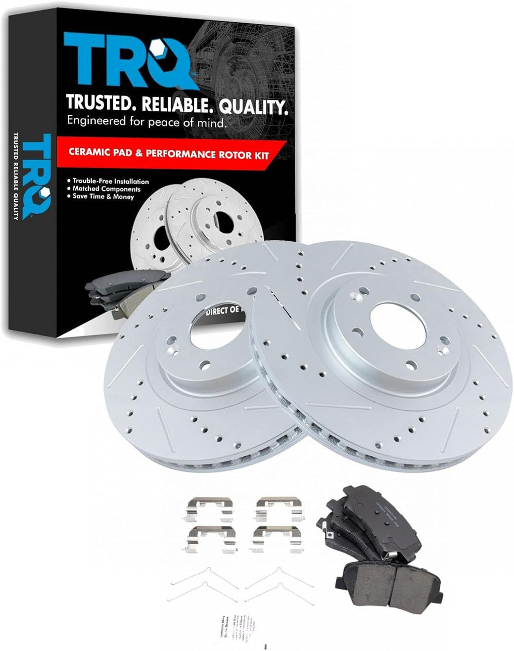 TRQ Performance Front Ceramic Brake Pad and Rotor Set Coated Drilled Slotted Compatible with 16 Hyundai Santa Fe Sport From 11/25/15 Production Date, 17-18 Hyundai Santa Fe Sport, 16-20 Kia Sorento