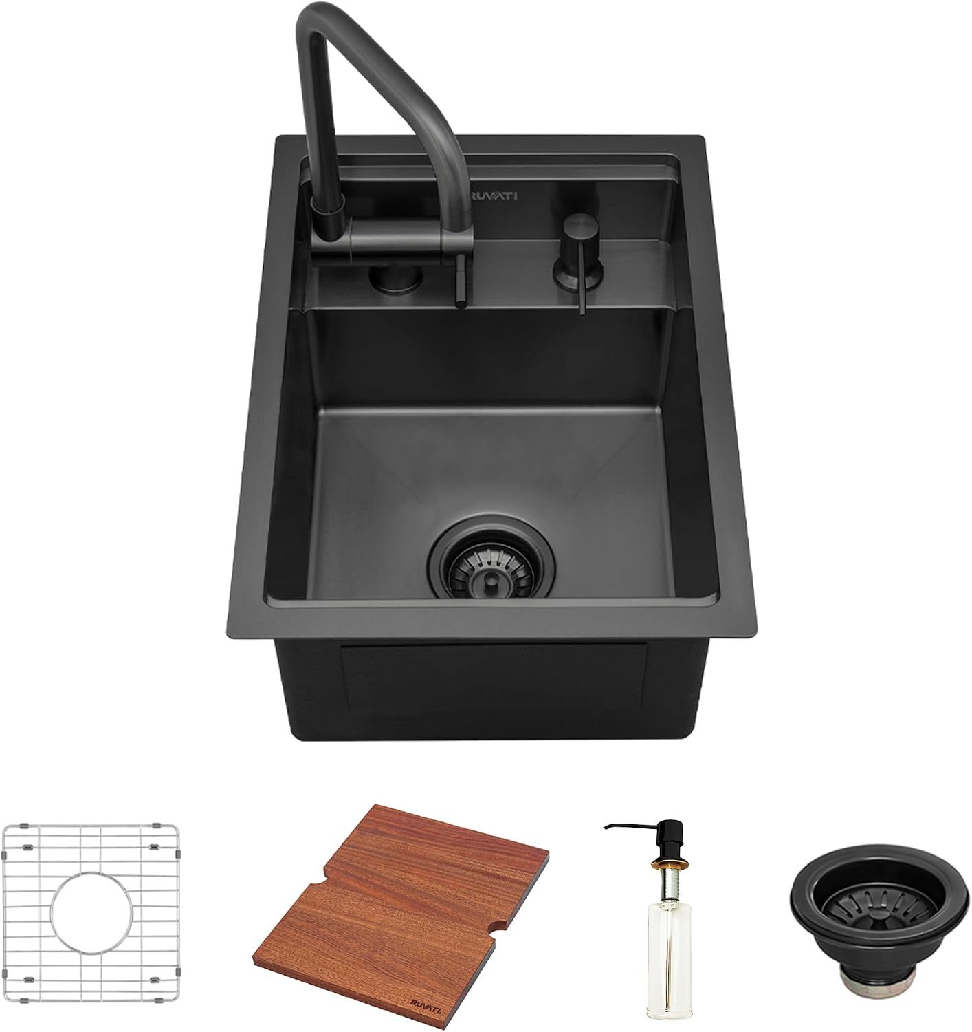 Ruvati 20 inch Gunmetal Black Stainless Steel RV Sink With Concealed Faucet and Soap Dispenser - RVH8272BL
