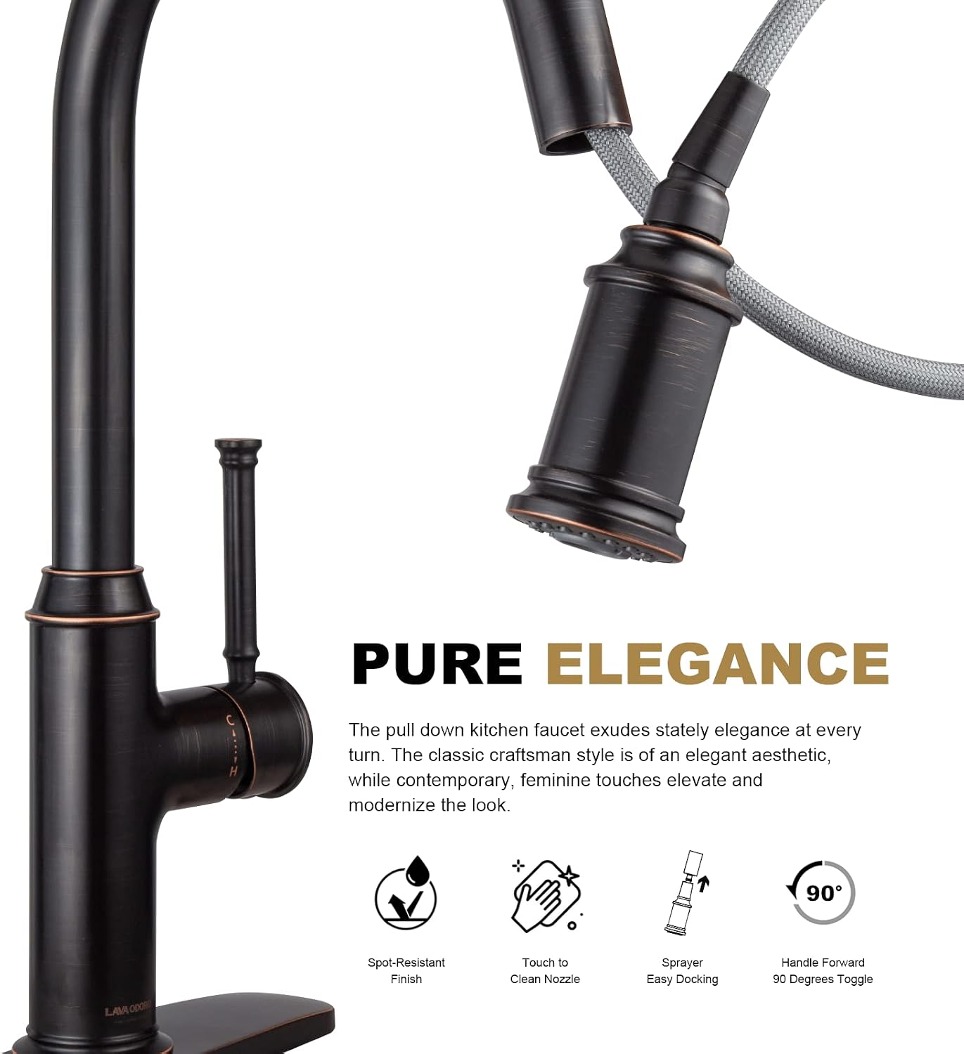 Lava Odoro Oil Rubbed Bronze Kitchen Faucet with Pull Down Sprayer, Single Handle Kitchen Sink Faucet Bronze Faucet for Kitchen Sink 1 Hole and 3 Hole, Deck Plate Included, KF421-ORB