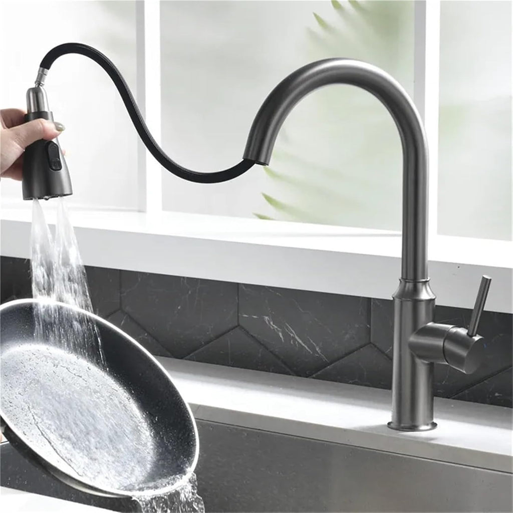 Kitchen Pull-Out Faucet Hot and Cold Water Sink Stainless Steel 360 Rotating Telescopic Faucet(Gray)