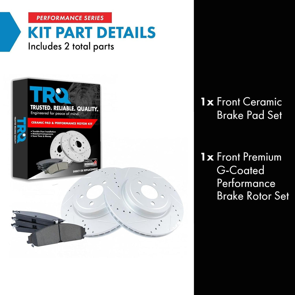 TRQ Performance Front Brake Pad and Rotor Set Ceramic Drilled Slotted G Coated Vented Rotors Compatible with 2005-2019 Chrysler 300 2009-2019 Challenger 2006-2019 Charger 2005-2008 Magnum