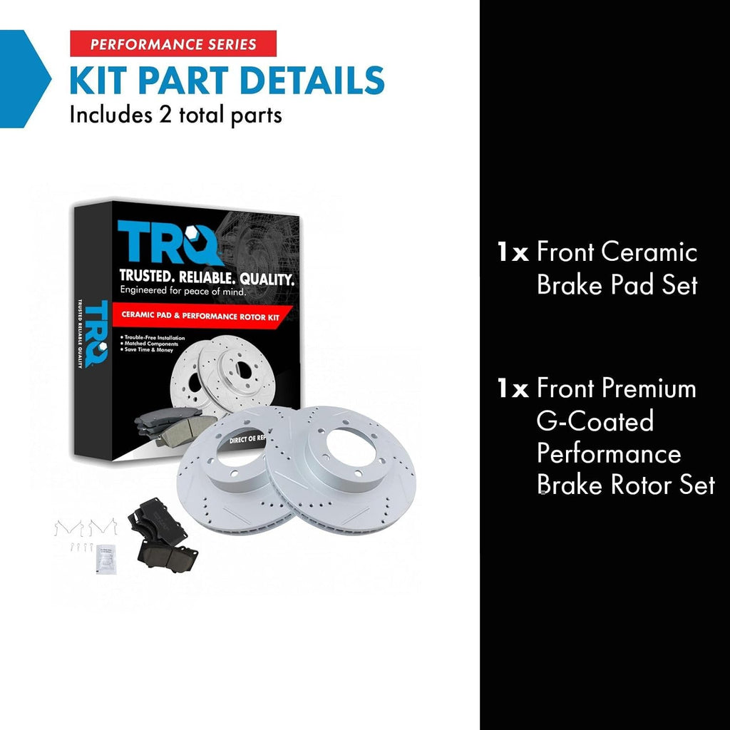 TRQ Performance Front Brake Pad and Rotor Set Ceramic Coated Drilled Slotted Vented Rotors Compatible with 2003-2009 Lexus GX470 Toyota 4Runner