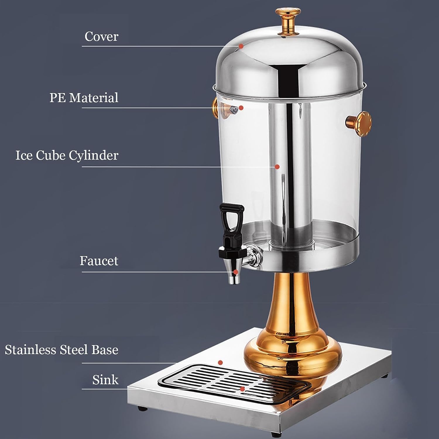 Drink dispensers for Parties, Beverage Machine, Buffet Stainless Steel Juice Bucket, Hot and Cold Drink Machine with Faucet, for Restaurant Hotel Bar(Gold,8L)