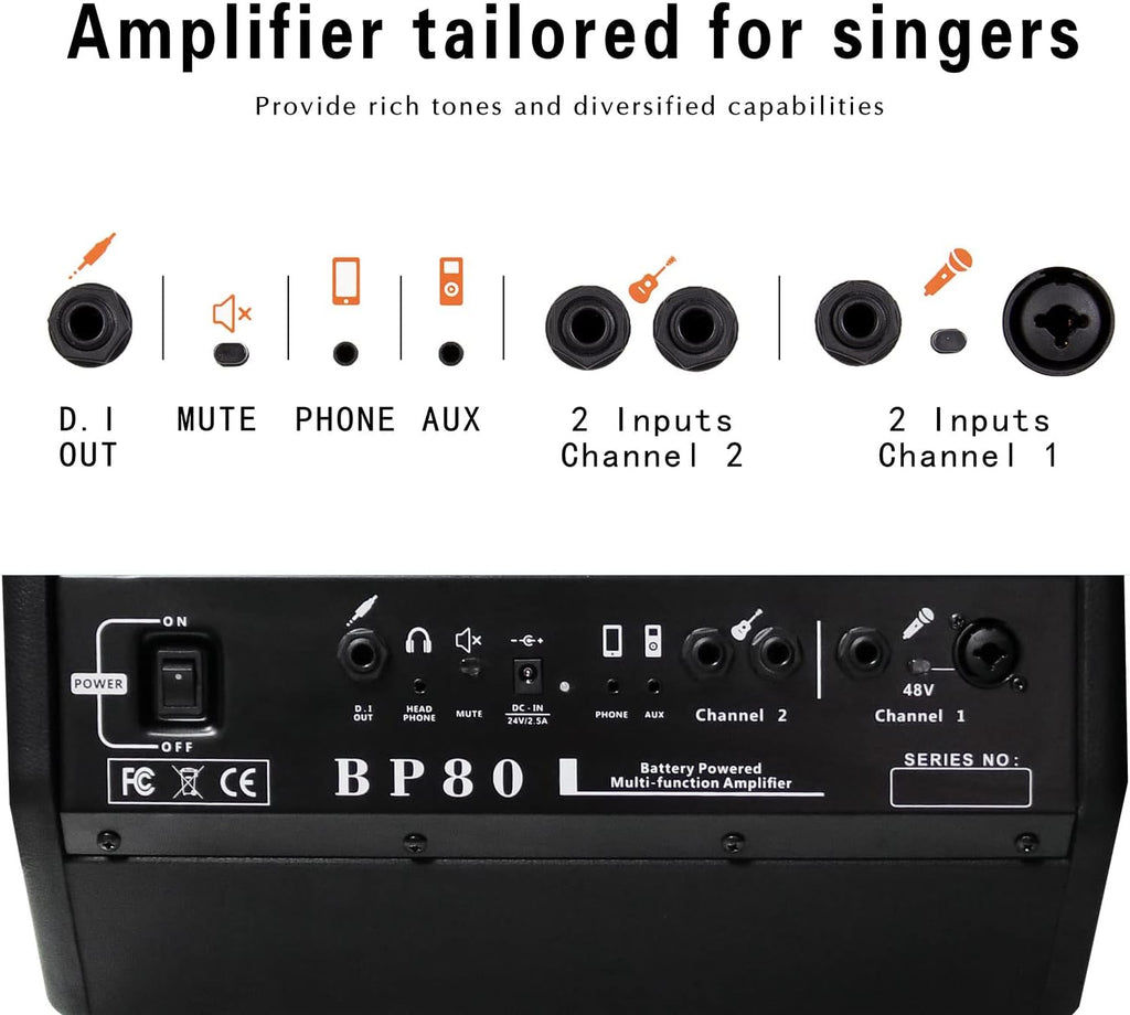 Coolmusic BP80 Battery Powered Acoustic Guitar Amplifier- Portable Bluetooth Speaker 100W, 6 Inputs,3 Band EQ,Black(3-Year Warranty)