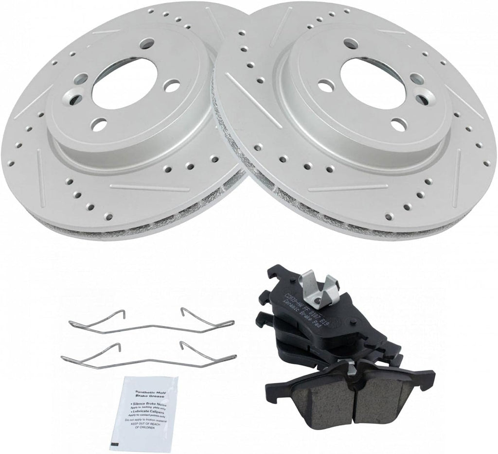 TRQ Performance Front Brake Pad and Rotor Set Ceramic G Coated Drilled Slotted Rotors Compatible with 2002-2006 Mini Cooper