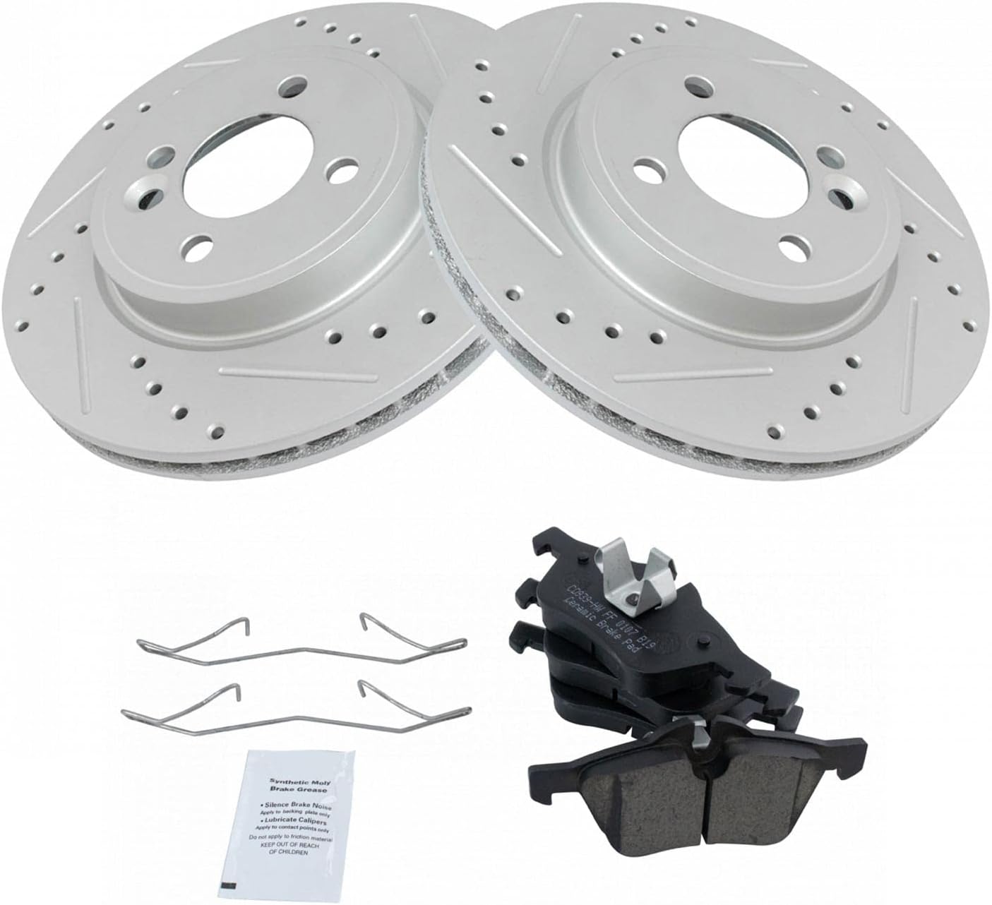 TRQ Performance Front Brake Pad and Rotor Set Ceramic G Coated Drilled Slotted Rotors Compatible with 2002-2006 Mini Cooper