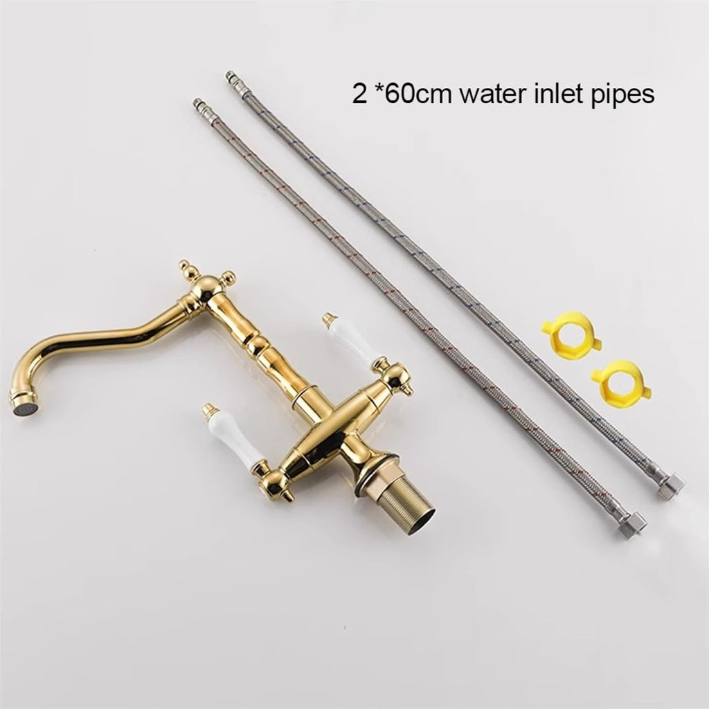 All Copper Retro European Kitchen Faucet Double Handle Hot and Cold Rotating Faucet(Gold)