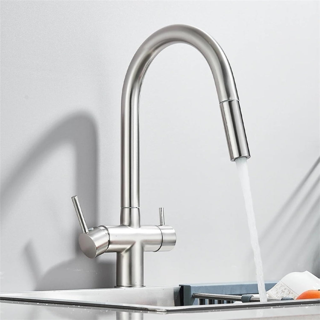 Kitchen Faucet Pure Water Pull Out 360 Rotation Hot and Cold Water Mixer Tap Dual Handle Deck Mounted Sink Crane(Chrome)