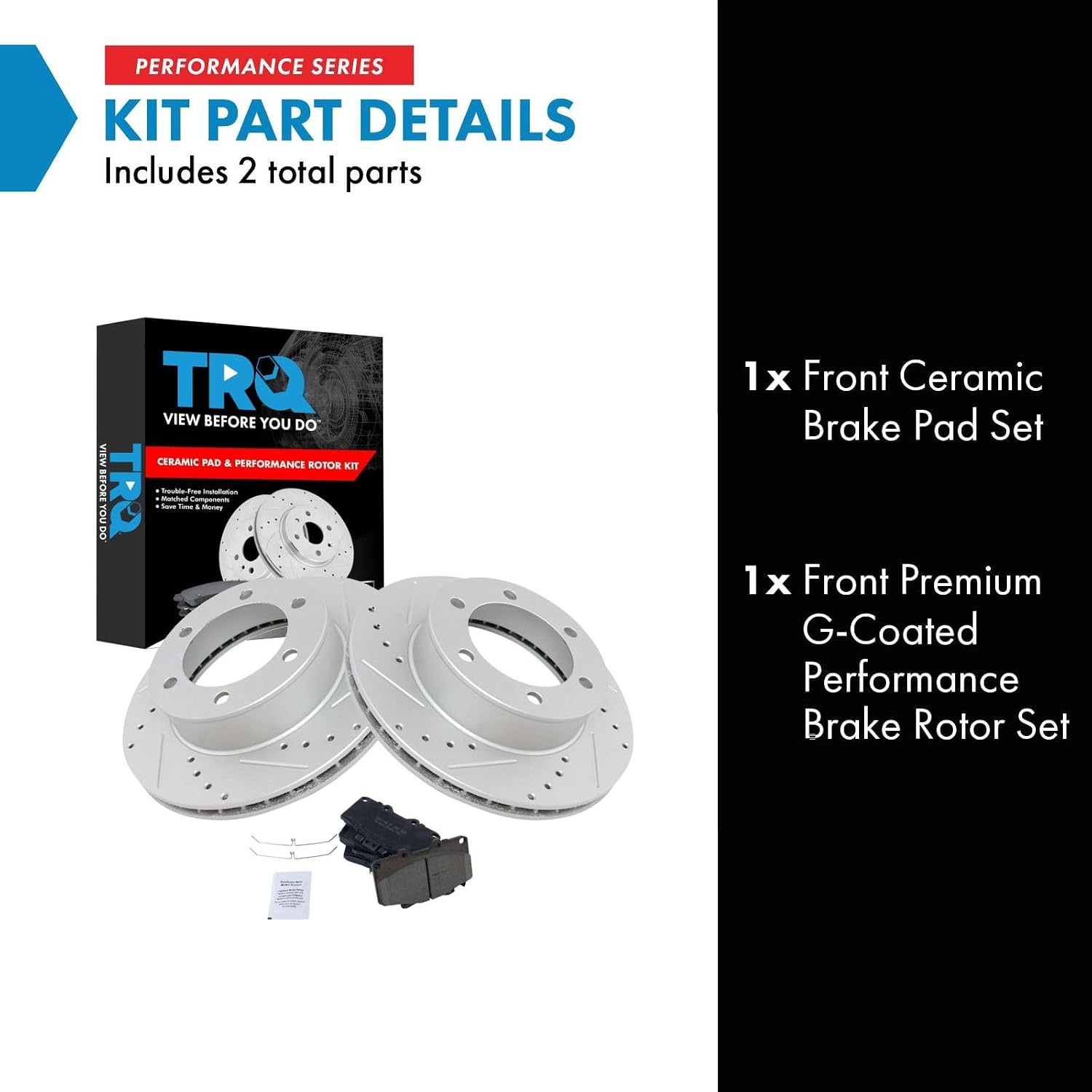 TRQ Performance Front Brake Pad and Rotor Set Ceramic G Coated Drilled Slotted Vented Rotors Compatible with 1996-2000 Toyota 4Runner