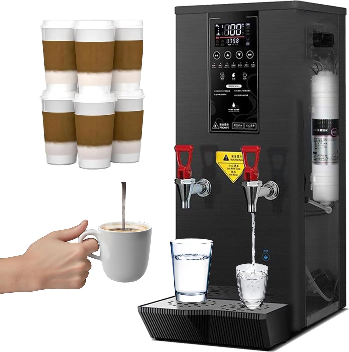 Hot Water Dispenser for Home, 3000W Electric Water Boiler with Dual Faucet, LCD Touch Screen, Commercial Water Boiler for Coffee Tea Restaurant Office,Black-hot hot