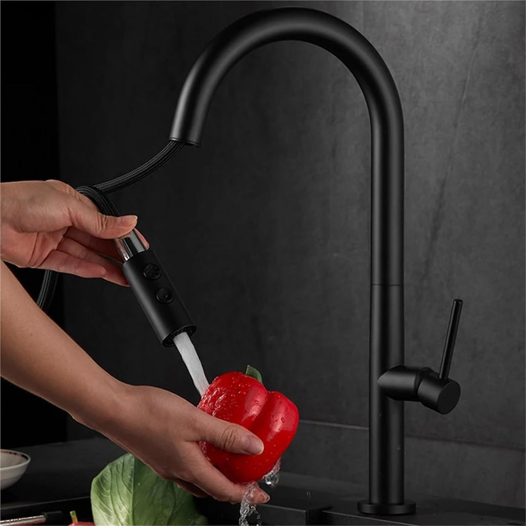 Modern Kitchen Faucet Pull Out 2 Mode Outlet Water Spray Deck Mounted Hot and Cold Water Sink Mixer Tap(Black)