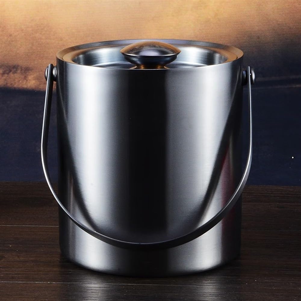 2L Ice Bucket with Lid, Double Wall Insulated Stainless Steel ICES Buckets Wine for Cocktail Bar and Parties(Black)