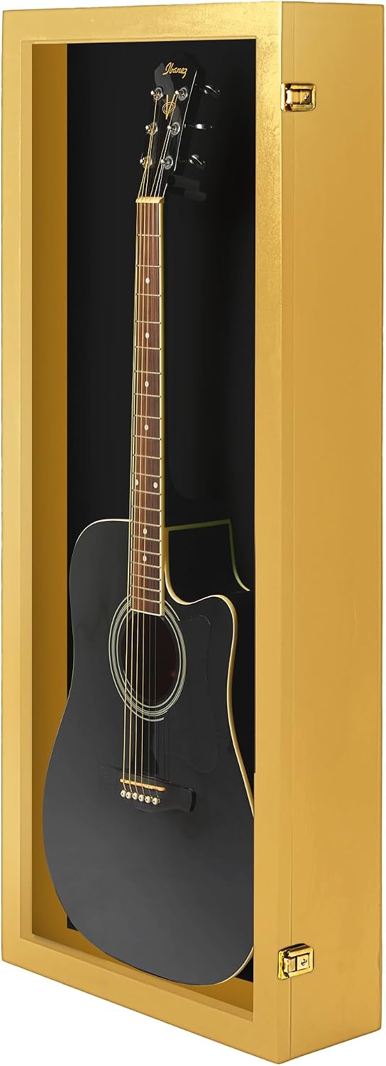 PENNZONI Acoustic Guitar Display Case - Acrylic Acoustic Guitar Case - Guitar Display Case Wall Mount Made from Hardwood Frame & Clear Acrylic - Golden Oak w/Black Felt