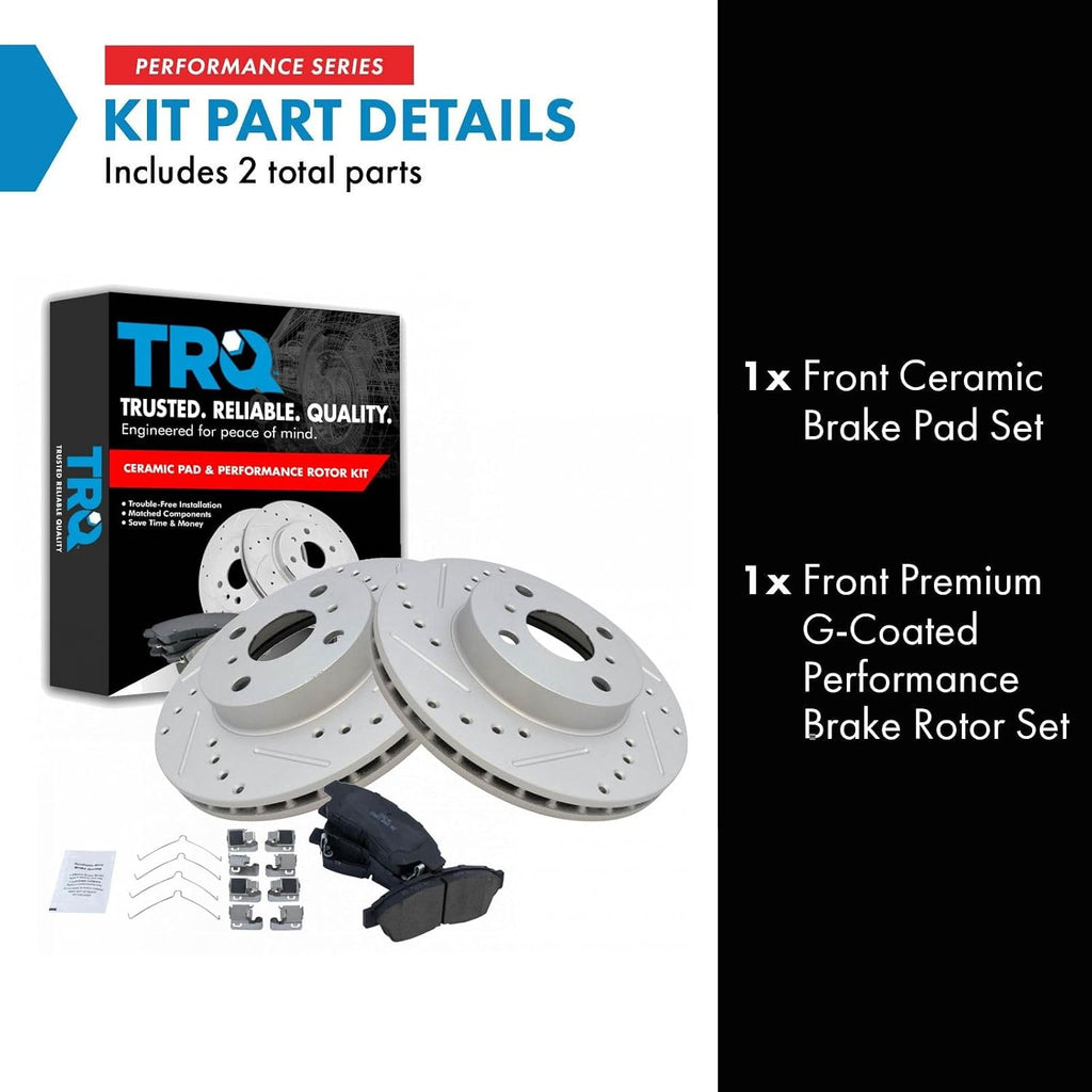 TRQ Performance Front Brake Pad and Rotor Set Ceramic Coated Drilled Slotted Vented Rotors Compatible with 1993-1997 Geo Prizm Toyota Corolla