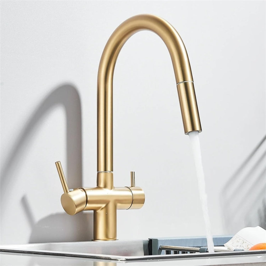 Kitchen Faucet Pure Water Pull Out 360 Rotation Hot and Cold Water Mixer Tap Dual Handle Deck Mounted Sink Crane(Brushed Gold)