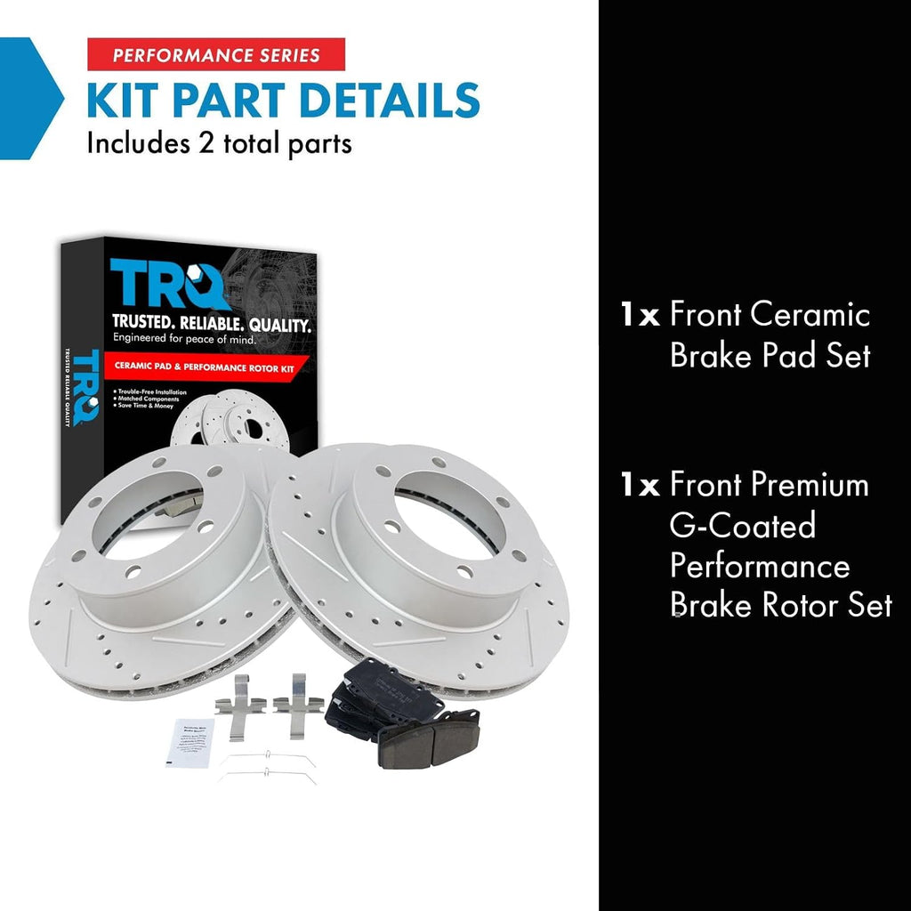TRQ Performance Front Brake Pad and Rotor Set Ceramic G Coated Drilled Slotted Vented Rotors Compatible with 1999-2004 Toyota Tacoma