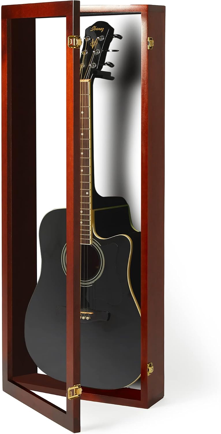 PENNZONI Acoustic Guitar Display Case - Acrylic Acoustic Guitar Case - Guitar Display Case Wall Mount Made from Hardwood Frame & Clear Acrylic - Cherry w/Felt White