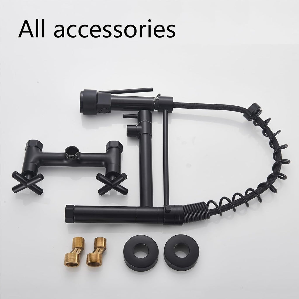 Wall-Mounted Spring Kitchen Faucet Pull Down Spray Nozzle Dual Handle 360 Rotation Hot and Cold Water Mixer Tap(Matte Black)