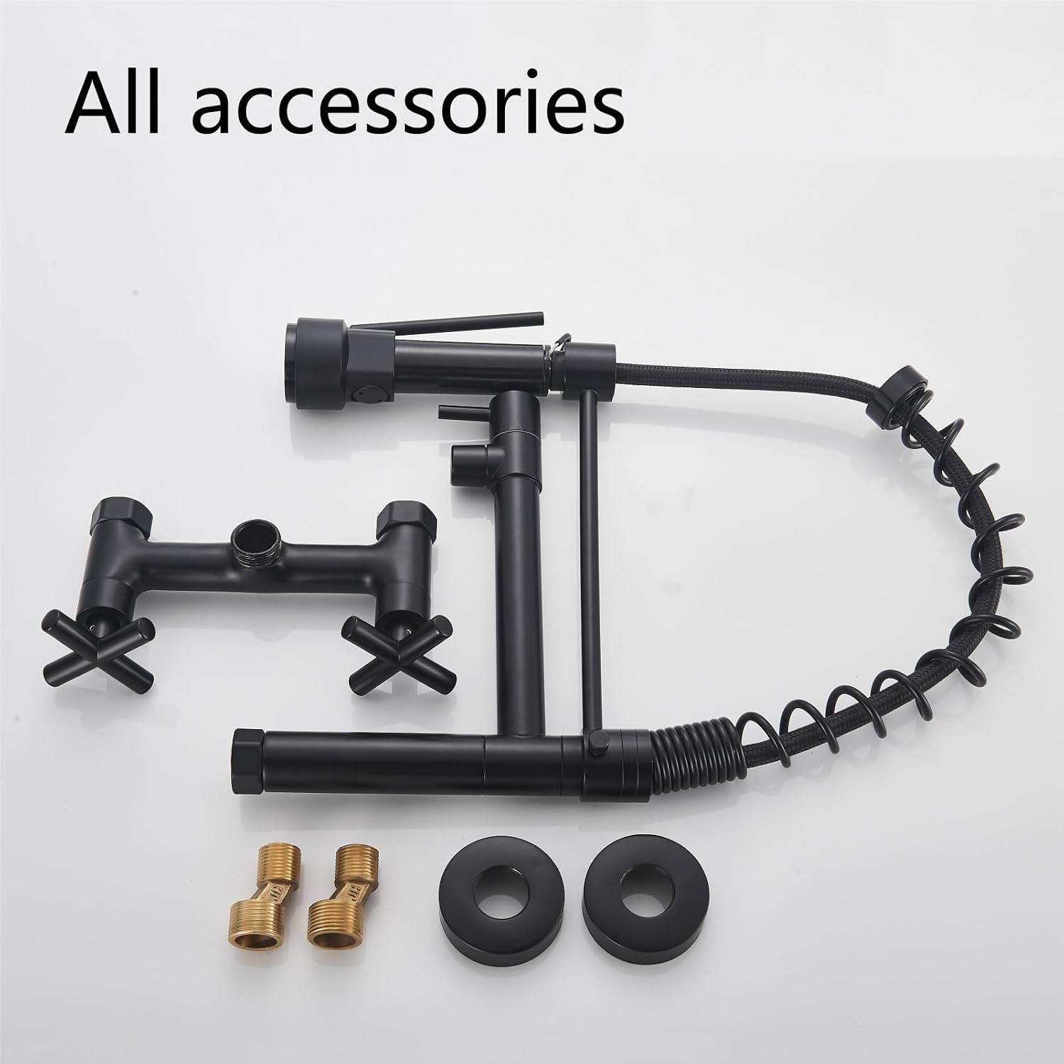 Wall-Mounted Spring Kitchen Faucet Pull Down Spray Nozzle Dual Handle 360 Rotation Hot and Cold Water Mixer Tap(Matte Black)