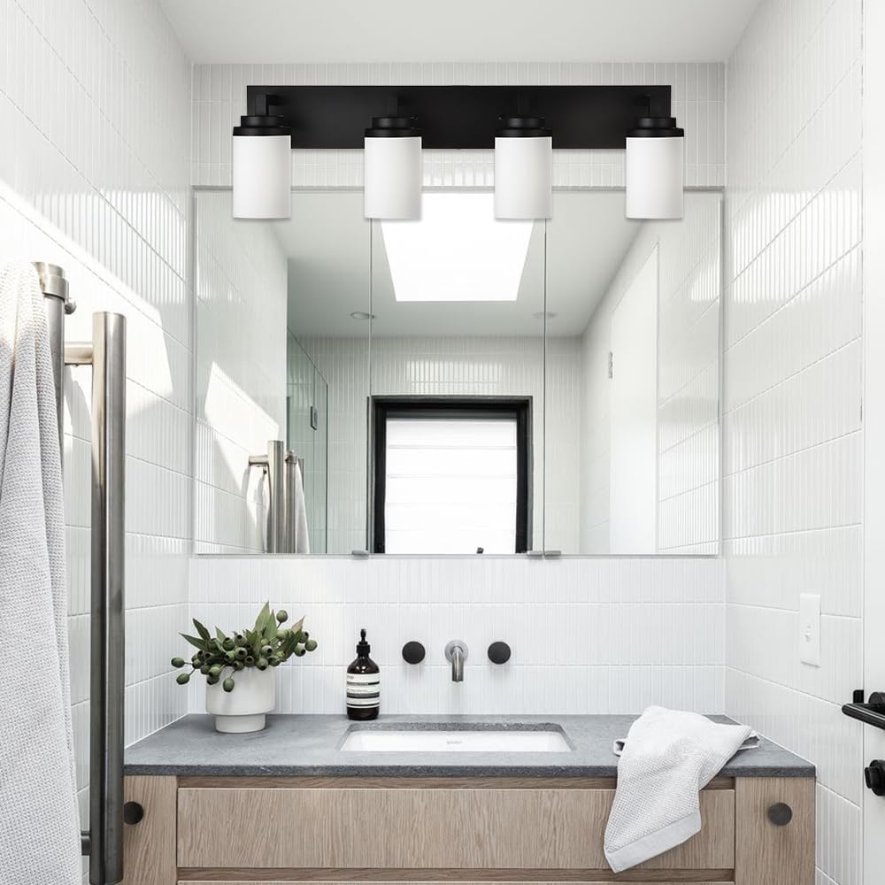 TODOLUZ 4-Lights Bathroom Light Fixtures in Matte Black, Modern Opal White Glass Vanity Light E26 Bulb Base, Wall Mount Lighting for Bedroom Bath Living Room