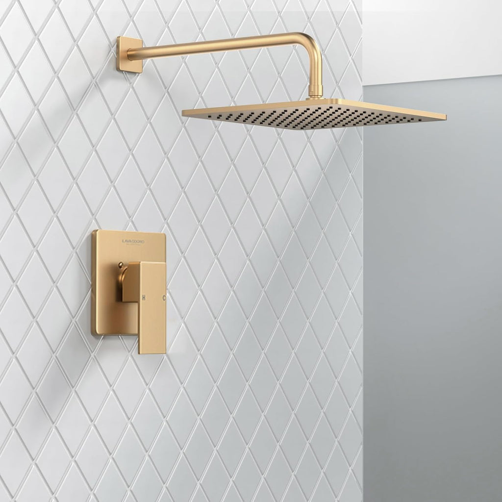 Lava Odoro 12-inch Modern Square Shower Faucet Set Champagne Gold, Shower Trim Kit with Rough-in Valve High Pressure Gold Rainfall Shower Head and Handle Set, (Valve Included), SF106-CB