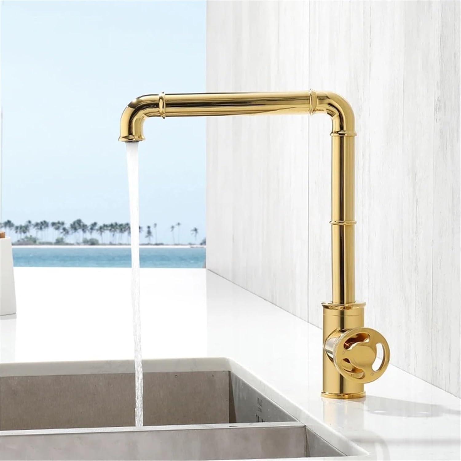 Kitchen Faucets Retro Industrial Style Brass Crane Bathroom Faucets Hot and Cold Water Mixer Tap(Black)