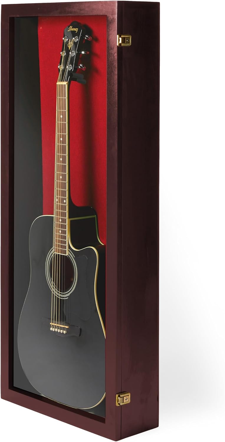 PENNZONI Acoustic Guitar Display Case - Acrylic Acoustic Guitar Case - Guitar Display Case Wall Mount Made from Hardwood Frame & Clear Acrylic - Cherry w/ Red Felt