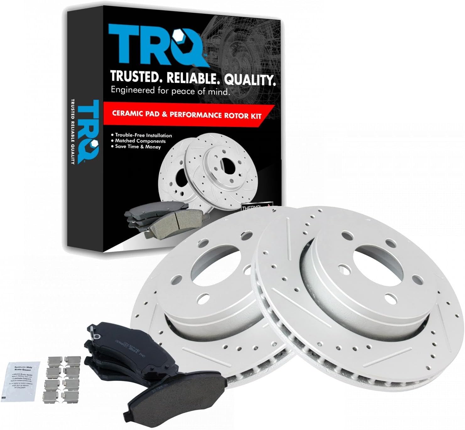 TRQ Performance Front Brake Pad and Rotor Set Ceramic Coated Drilled Slotted Vented Rotors Compatible with 2007-2011 Dodge Nitro 2008-2012 Jeep Liberty