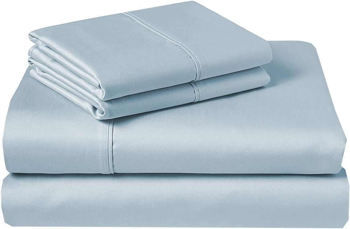 Pure 1000 Thread Count Egyptian Cotton- Sateen Weave- Olympic Queen(66' X 80') Light Blue Sheet Set - 4-Piece 14'-18' Inches Standard Drop Length Elastic Bounded