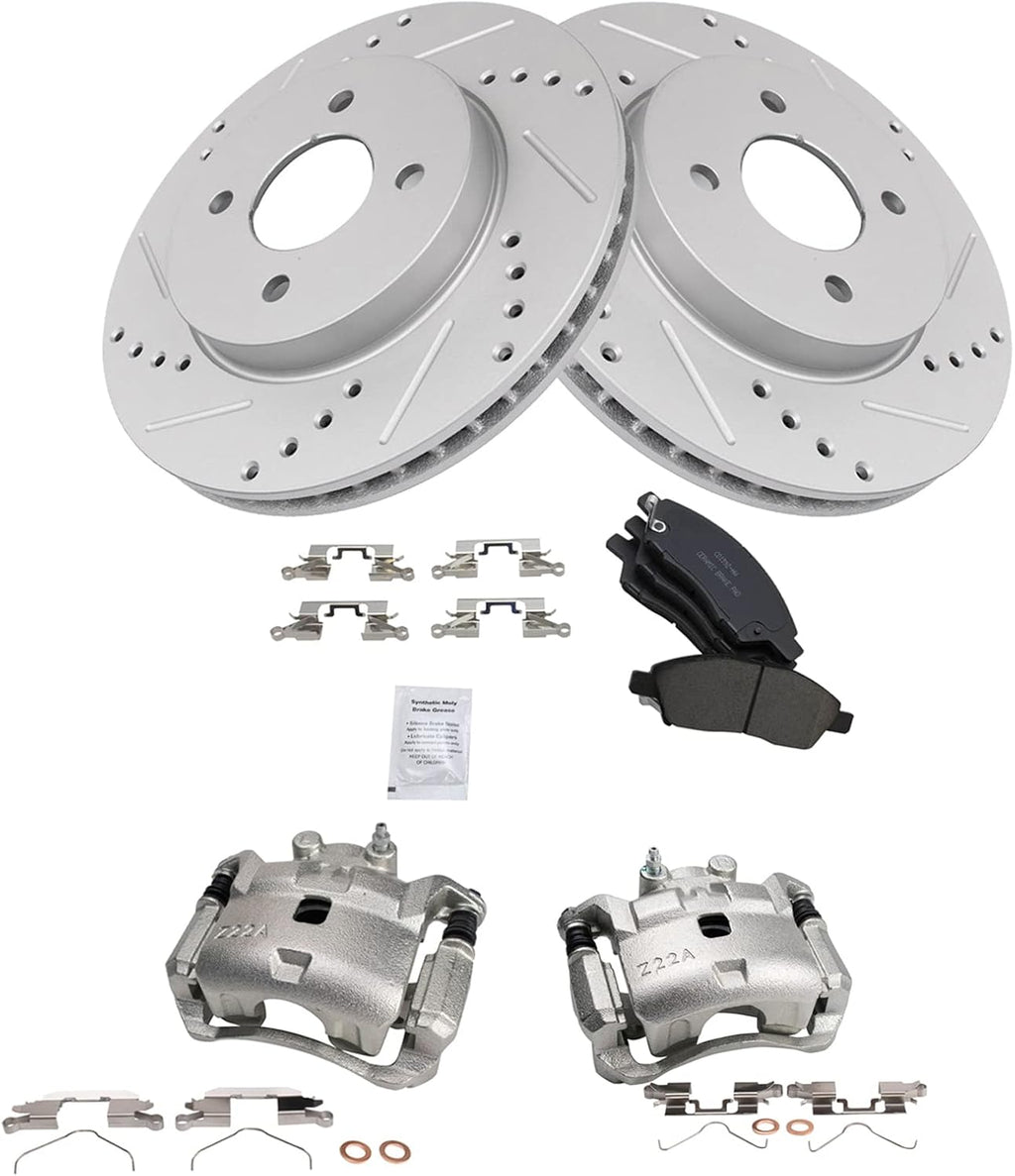 TRQ Performance Front Brake Pad and Rotor Set Ceramic Vented Coated Rotors Calipers Compatible with 2012-2018 Nissan Versa 2014-2018 Versa Note