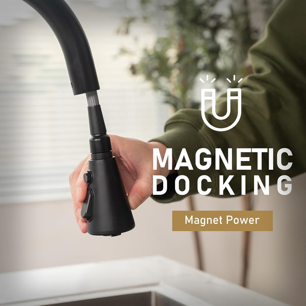 Matte Black Kitchen Faucet with Pull Down Sprayer, Lava Odoro Single Handle Kitchen Sink Faucet, Black Single Hole Kitchen Faucet with Magnetic Docking Spray Head and Deck Plate, KF321-MB