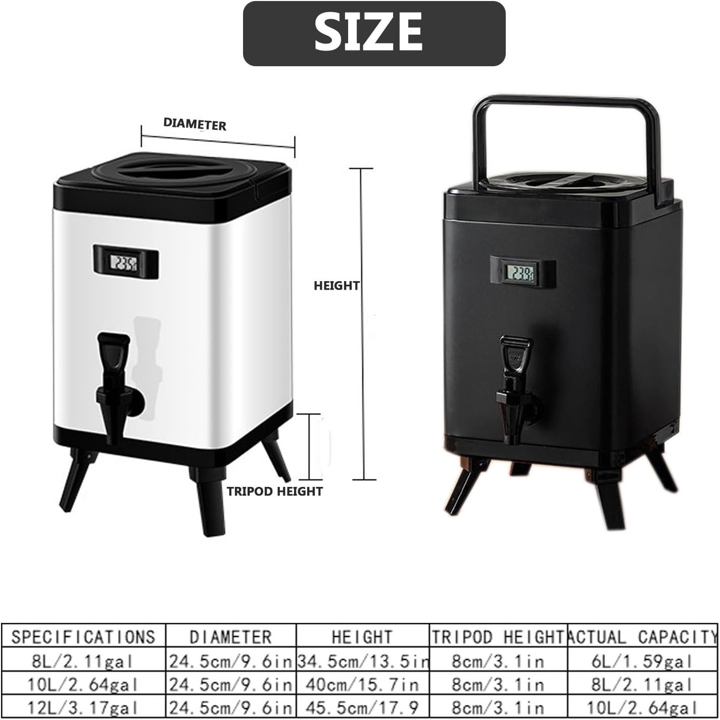 Insulated Beverage Dispenser Stainless Steel Insulated Beverage Dispenser with Faucet Hot Drink Dispense WithTemperature Display for Tea Coffee Milk(Size:8L,Color:Black)
