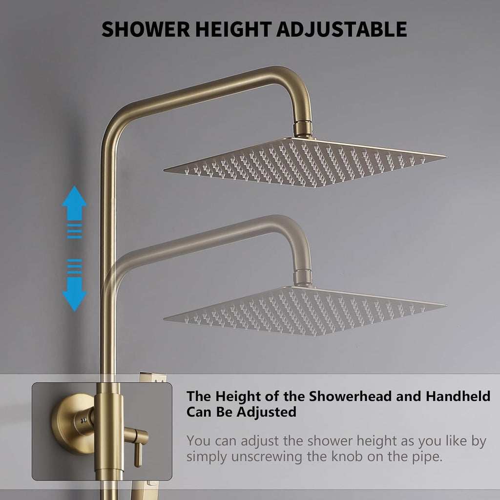 Exposed Shower System 10' Brushed Gold Rainfall Shower Head with 2 Modes Handheld and Tub Faucet Set, Square Shower Head 3 Functions Outdoor Shower Fixtures with Brass Valve, Height Adjustable