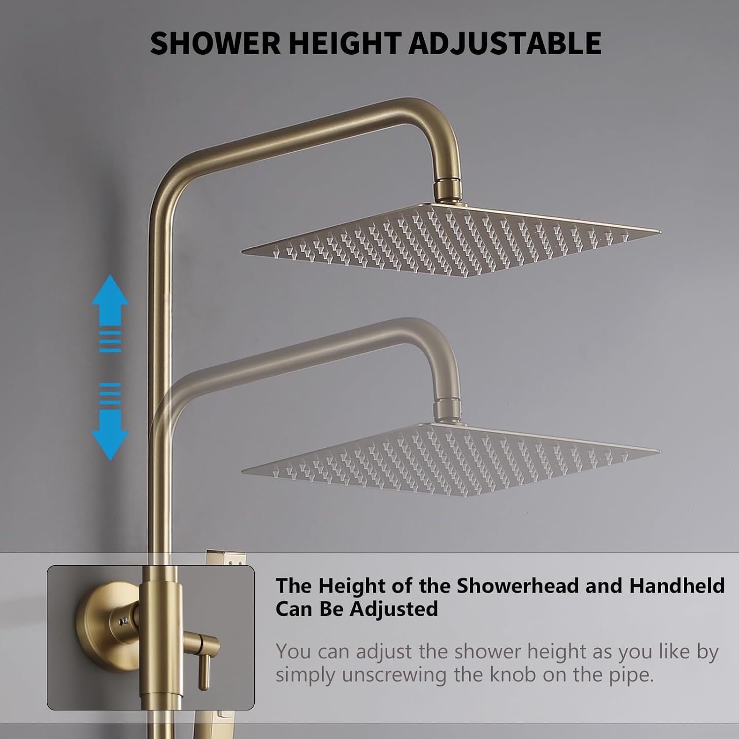 Exposed Shower System 10' Brushed Gold Rainfall Shower Head with 2 Modes Handheld and Tub Faucet Set, Square Shower Head 3 Functions Outdoor Shower Fixtures with Brass Valve, Height Adjustable