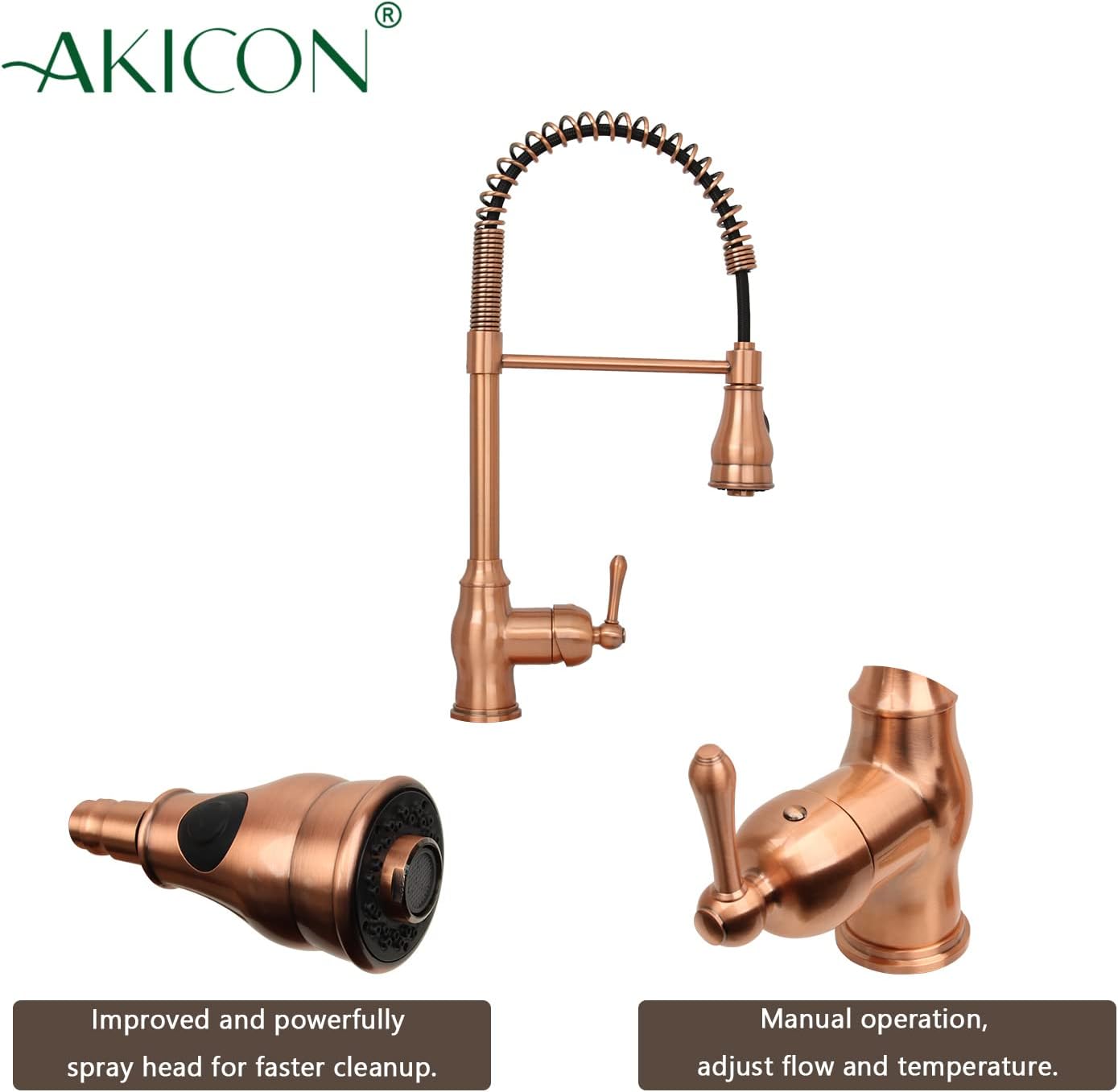 Akicon Copper Kitchen Faucet with Soap Dispenser, Single Handle Solid Brass High Arc Pull Down Sprayer Head Kitchen Sink Faucets with Deck Plate AK96518