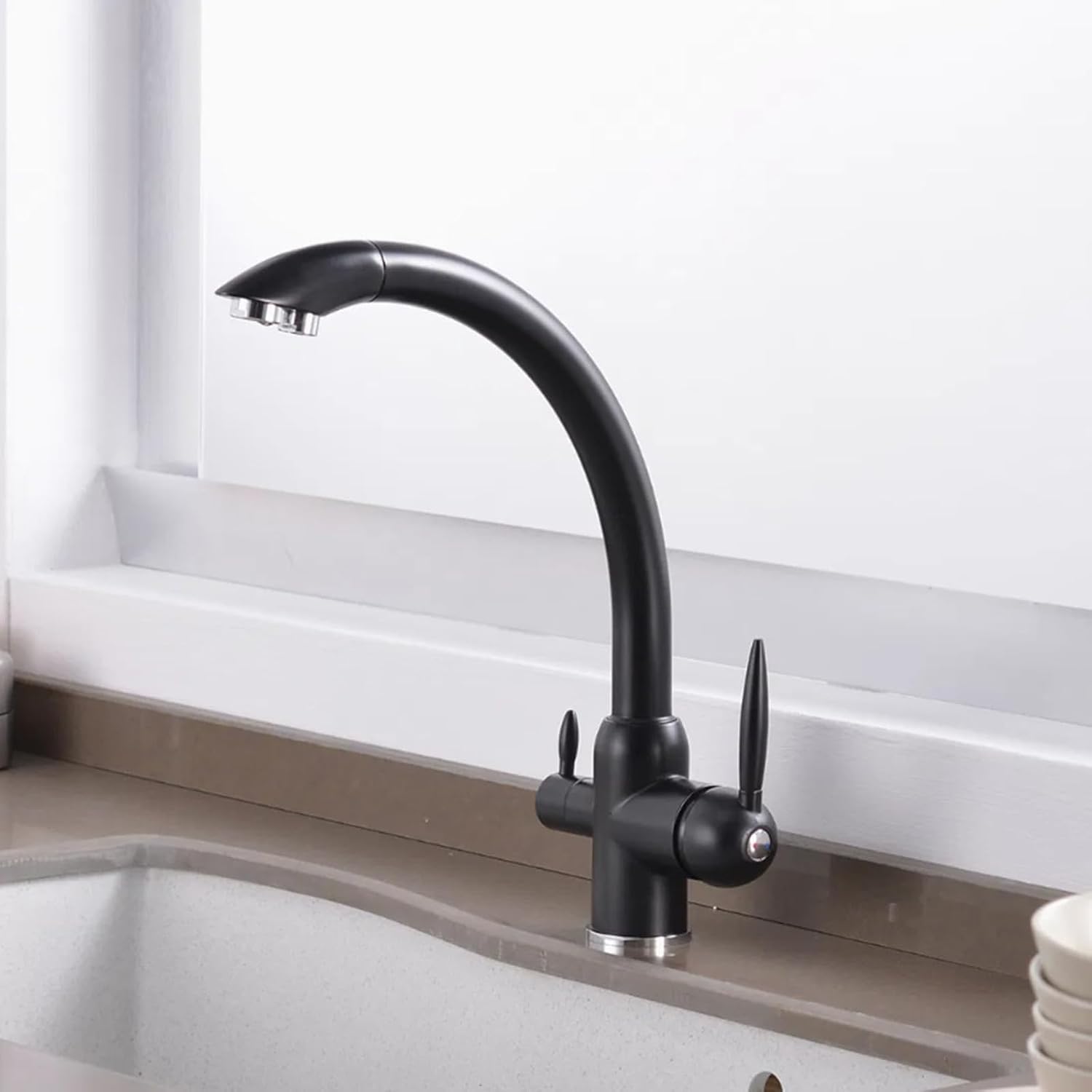 Kitchen 3 Way Faucets Mixer Brass 3 Way Faucets for Kitchen Sink Double Outlet Hot and Cold Water-Black